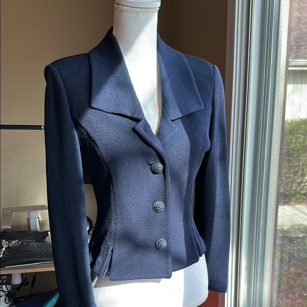 St. John Elegant Navy Blazer with Crystal Button and Lace Detail